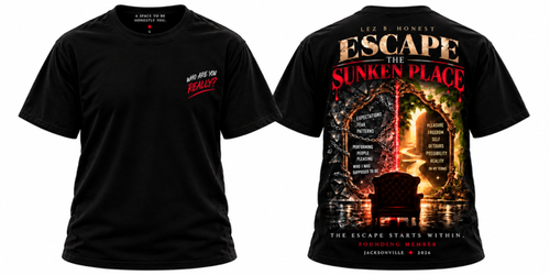 Black short-sleeve LBH graphic T-shirt shown front and back on a white background. The front has a small red and white chest print reading 'WHO ARE YOU REALLY?' and 'LEZ B