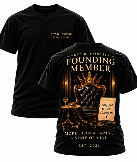 Black Lez B. Honest short sleeve T-shirt shown from the front and the back, featuring small gold LBH chest lettering and a large Founding Member design on the back.