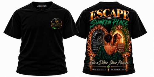 Black short-sleeve LBH T-shirt shown from the front and back on a white background. The front has a small circular gold and green logo on the left chest.