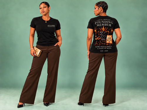 Black ladies' cut LBH Founding Member T-shirt modeled from the front and back, featuring gold chest lettering and a bold, colorful Founding Member graphic on the back