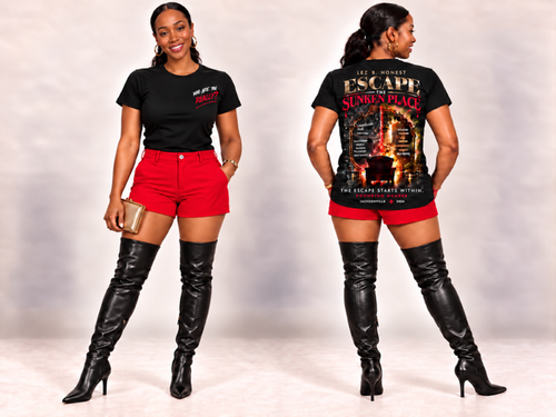 A model is shown from the front and back wearing a black LBH graphic t-shirt, red shorts, and thigh high boots against a neutral studio backdrop. 